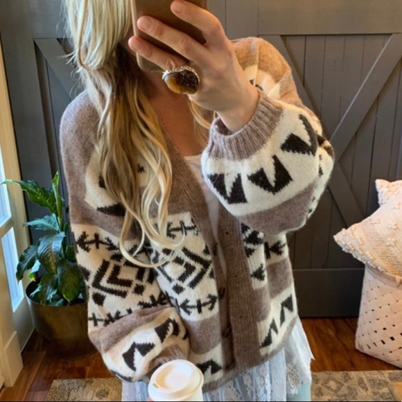 New Cowichan Print Native Knit Wool Cardigan Sweater Button Front V-Neck Top - Picture 4 of 7